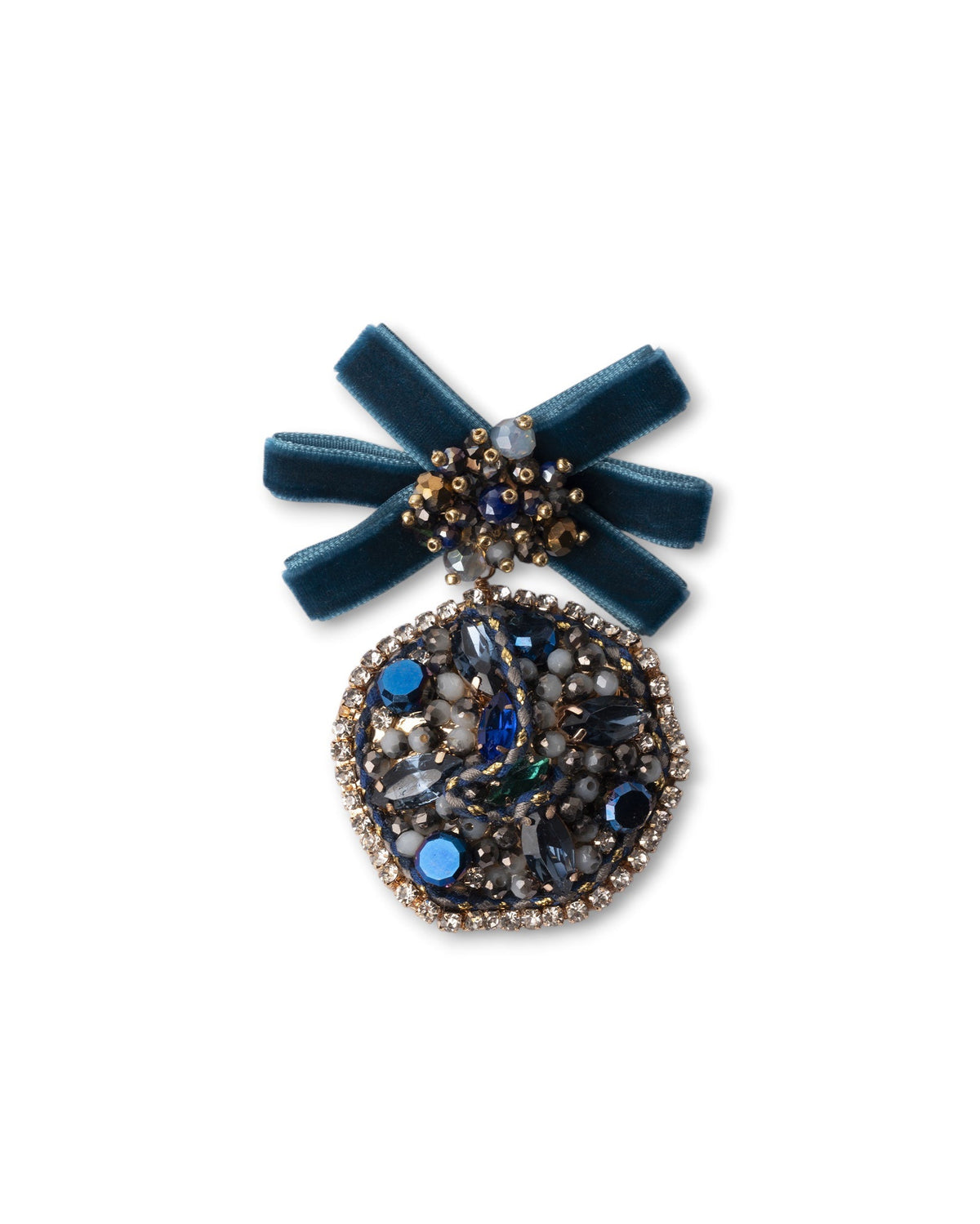 Spilla con fiocco in velluto petrolio e pendente in metallo con pietre in vetro multi - Mya Accessories