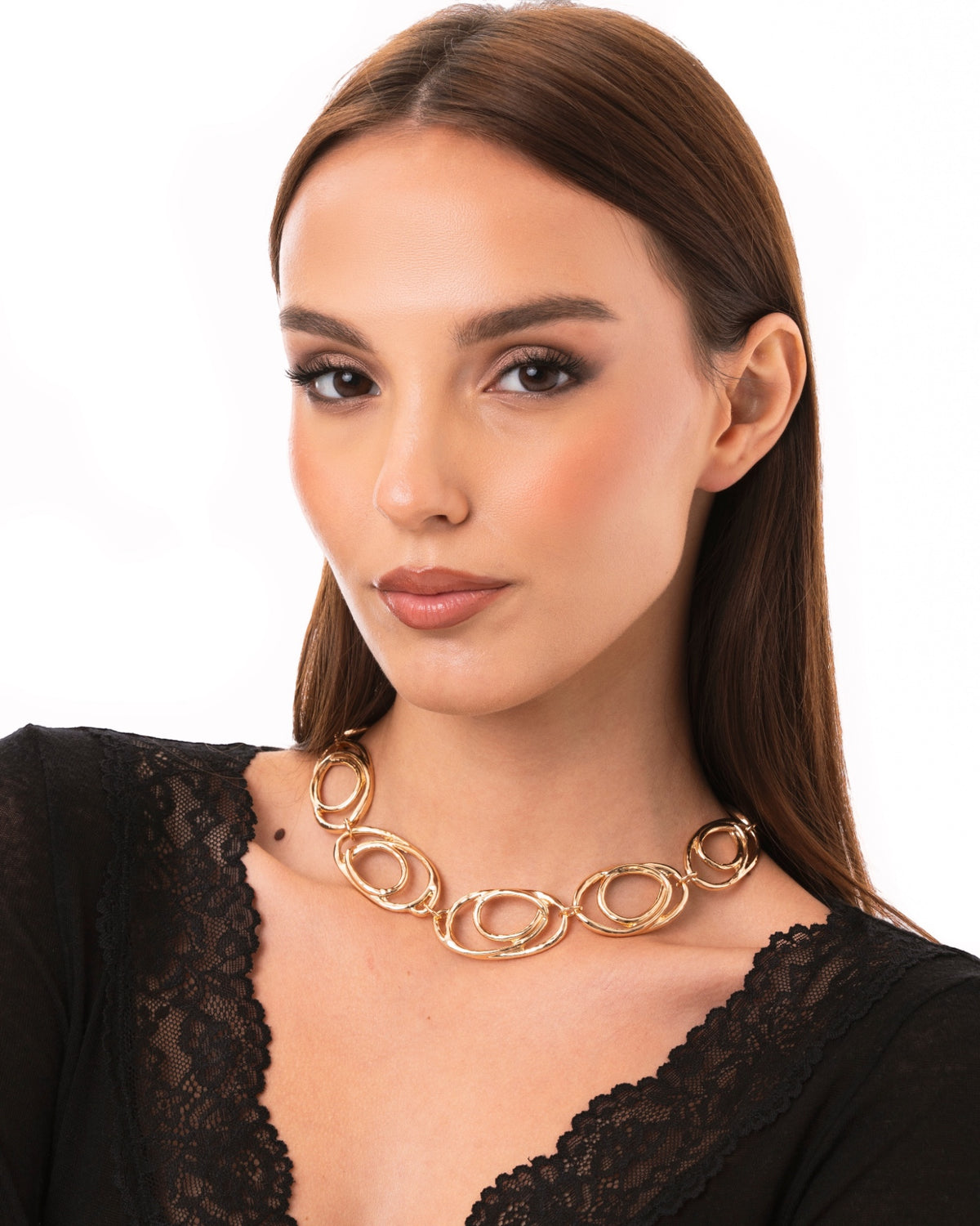 Collana girocollo in metallo lucido con maglia cerchi ovali sovrapposti - Mya Accessories