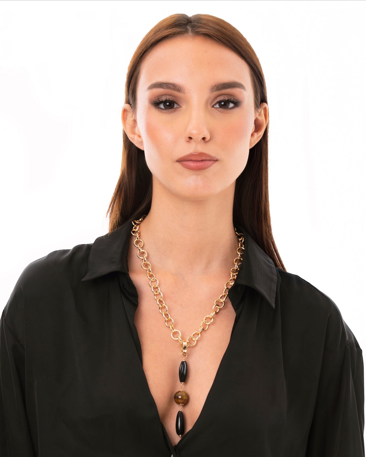 Collana a catena con pendente in acrilico e pietra dura occhio di tigre - Mya Accessories