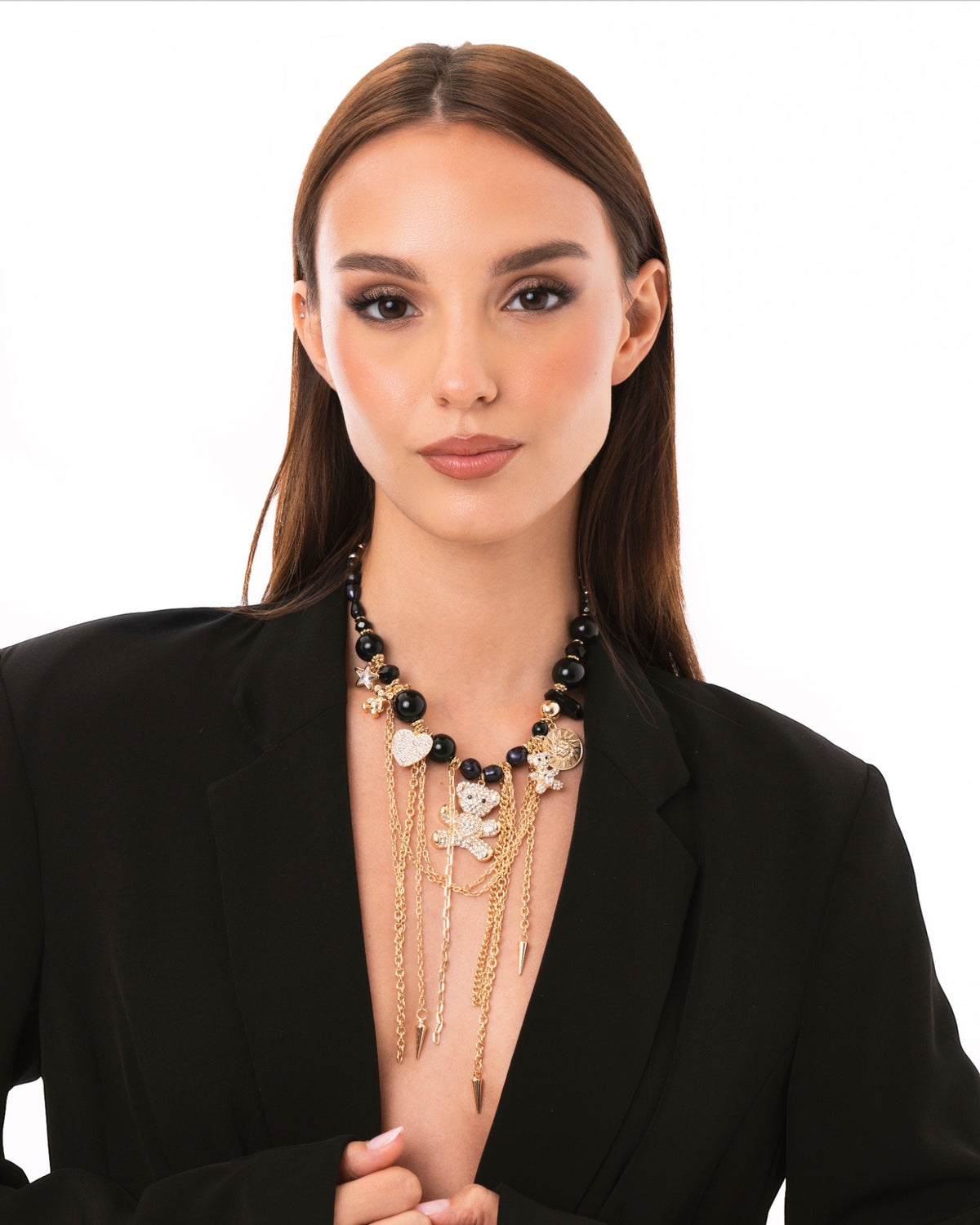 Collana girocollo con pietre nere in acrilico e charms pendenti - Mya Accessories