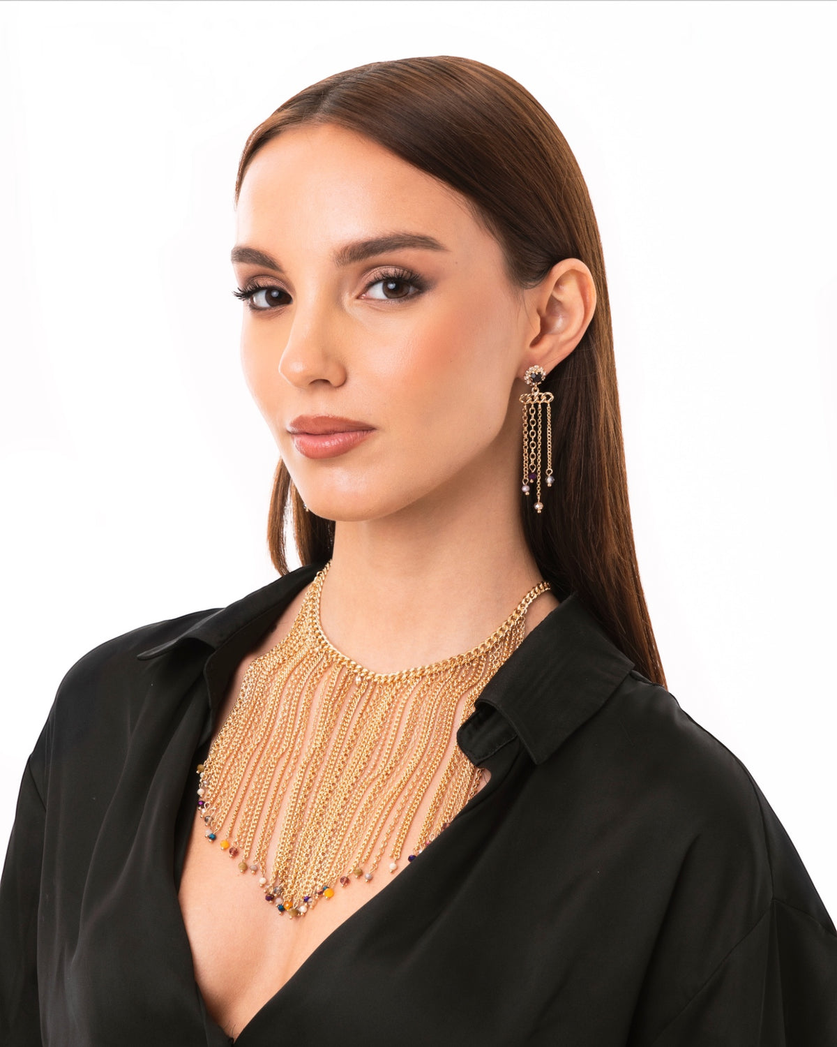 Collana girocollo con cascata di catena e micro pietre in vetro multi - Mya Accessories