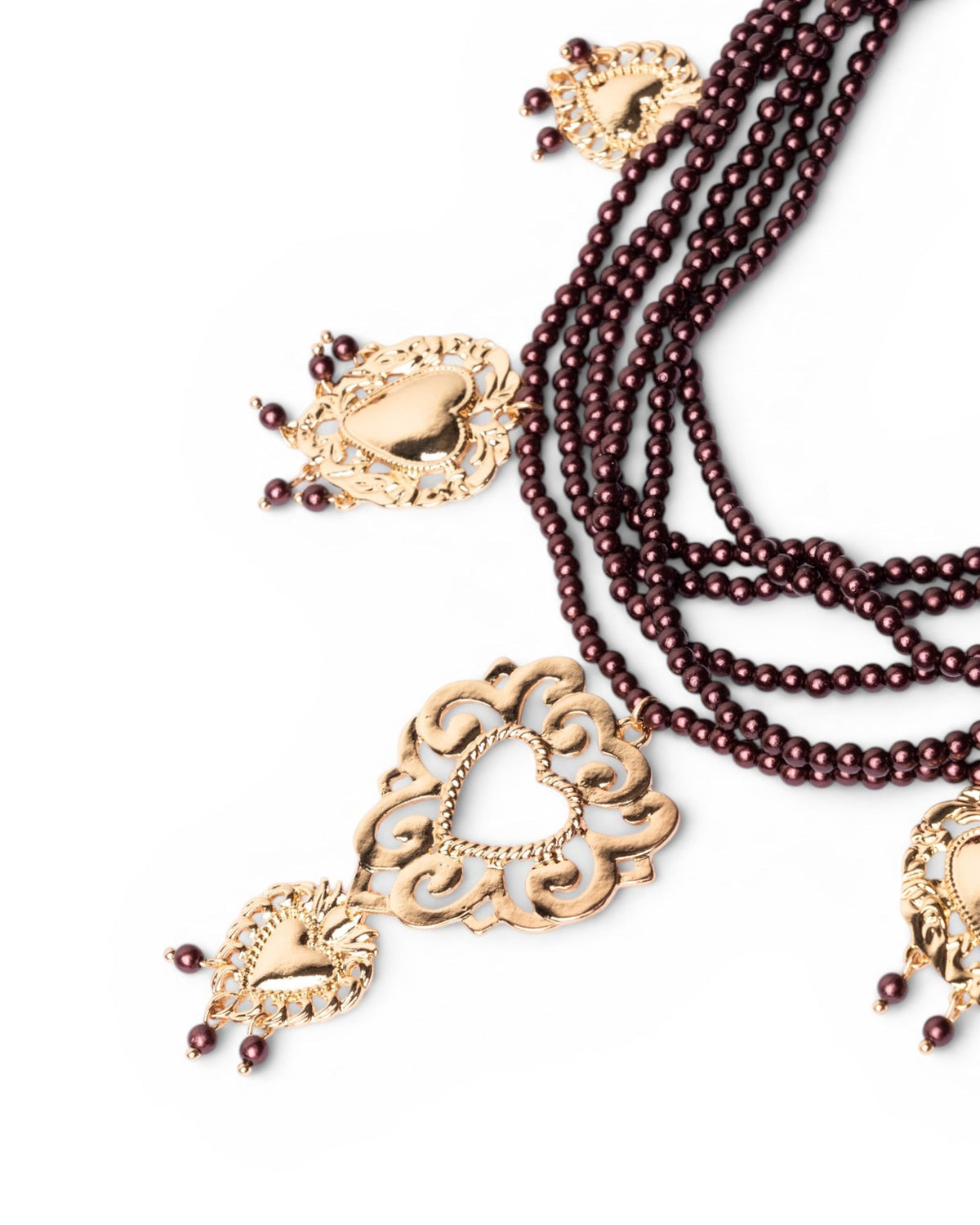 Collana multi fili con micro pietre in acrilico marrone e cuori sacri pendenti - Mya Accessories