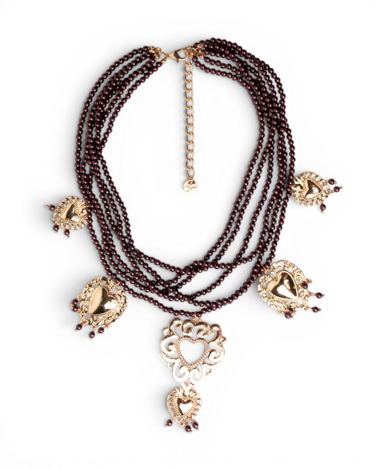 Collana multi fili con micro pietre in acrilico marrone e cuori sacri pendenti - Mya Accessories