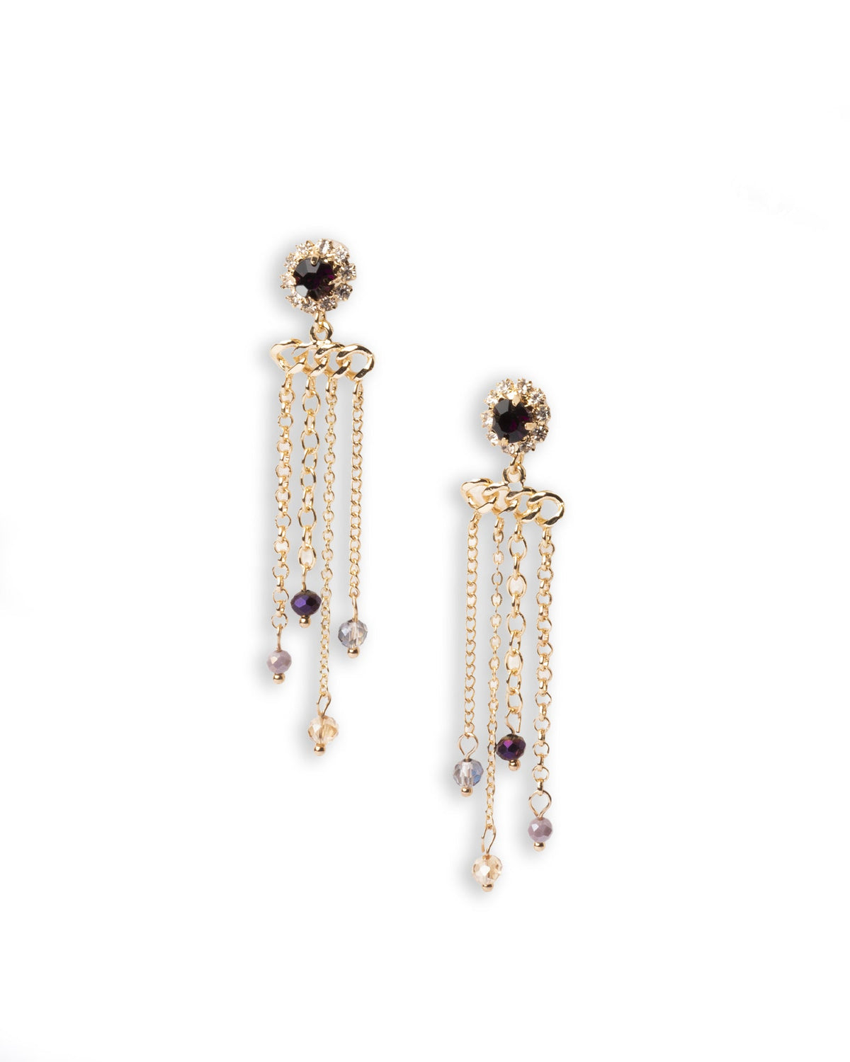 Orecchini pendenti in metallo con fili di catena e pietre in vetro tono viola - Mya Accessories