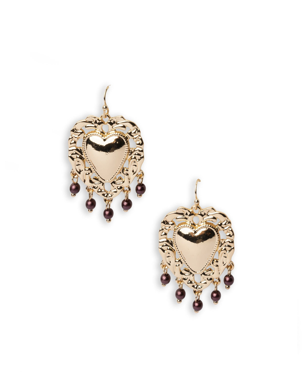 Orecchini pendenti con cuore sacro in metallo e perline in acrilico marroni - Mya Accessories