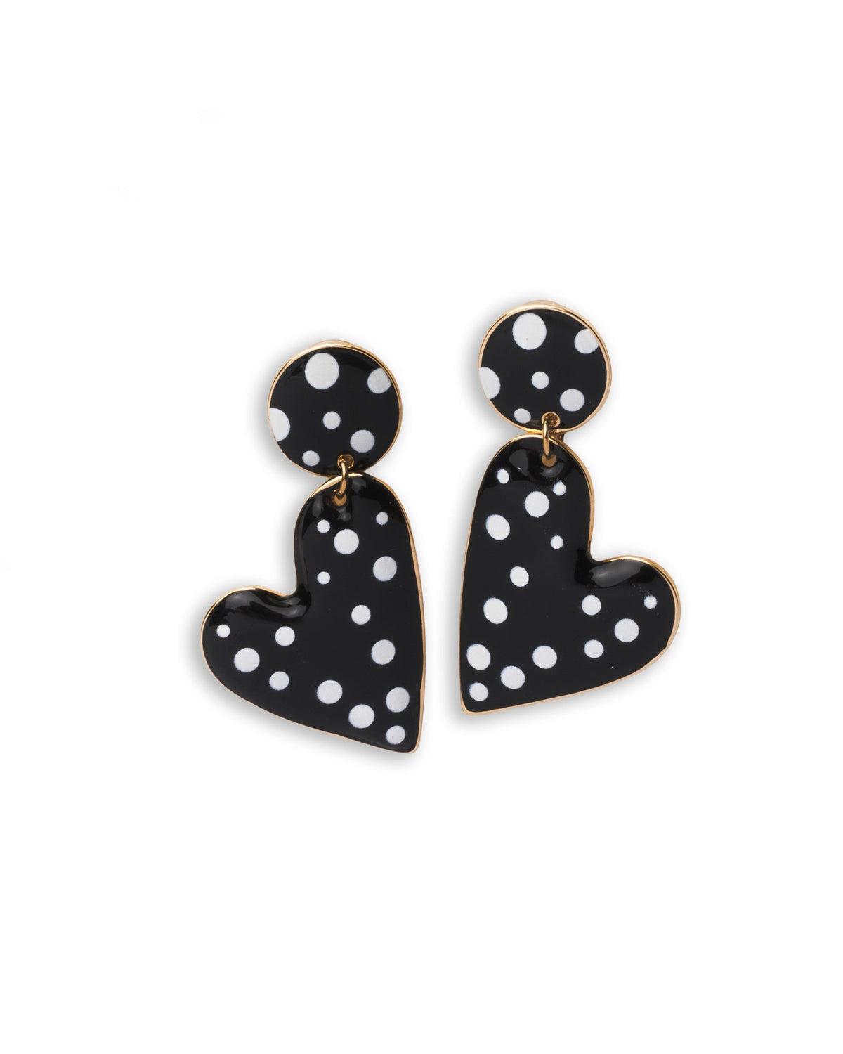 Orecchini in metallo pendenti a cuori smaltati a pois bianchi e neri - Mya Accessories