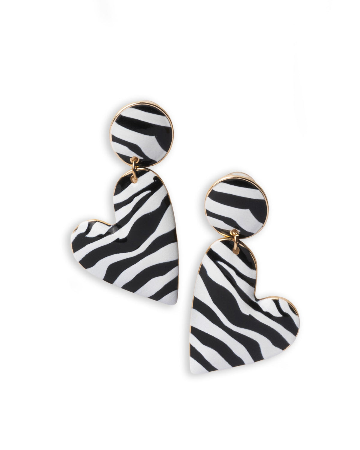 Orecchini in metallo pendenti a cuori smaltati zebrati bianchi e neri - Mya Accessories