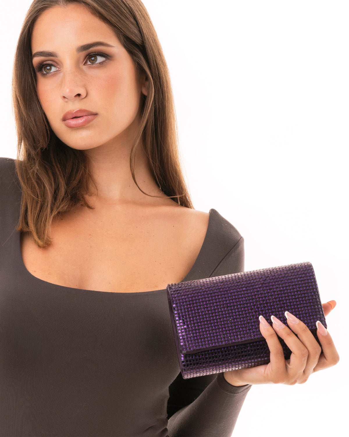 Borsa pochette in tessuto tempestata da micro cristalli viola - Mya Accessories