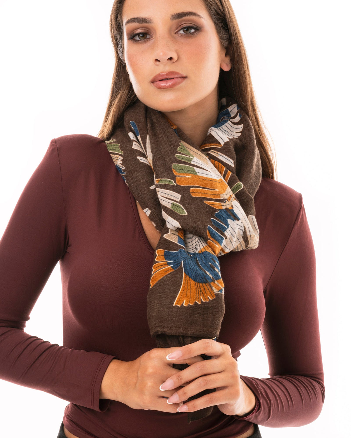 Sciarpa in cotone marrone con stampa a foglie tropicali multicolore - Mya Accessories