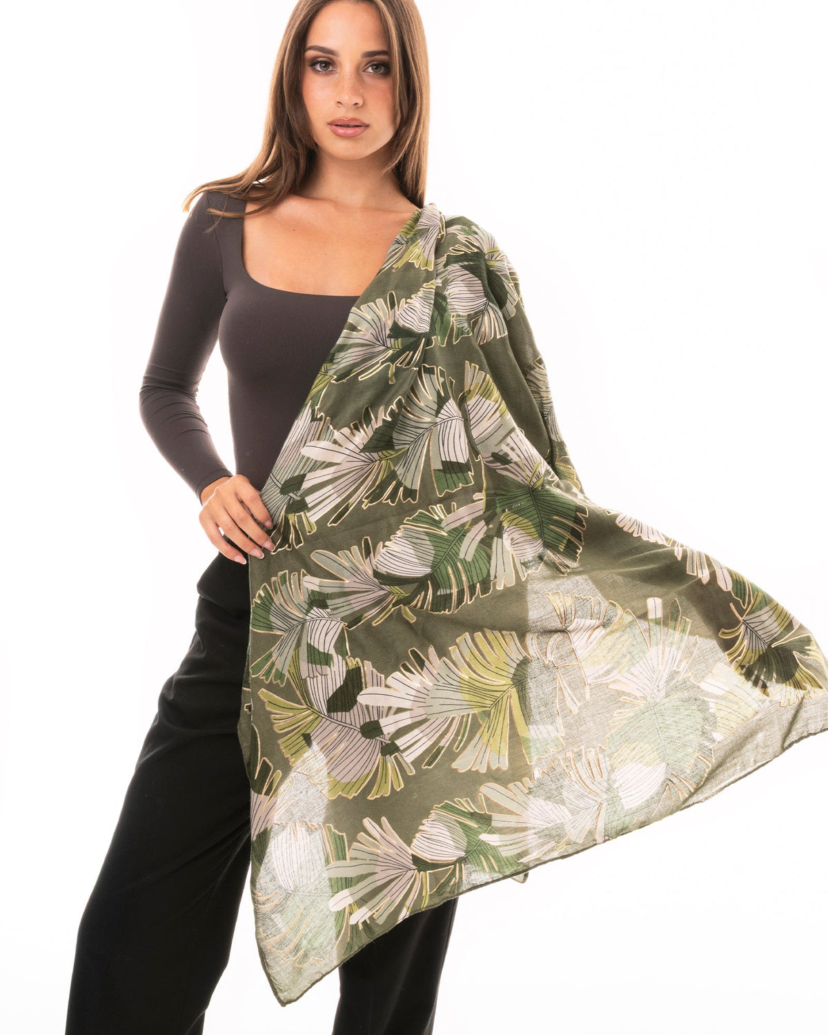 Sciarpa in cotone verde con stampa a foglie tropicali - Mya Accessories