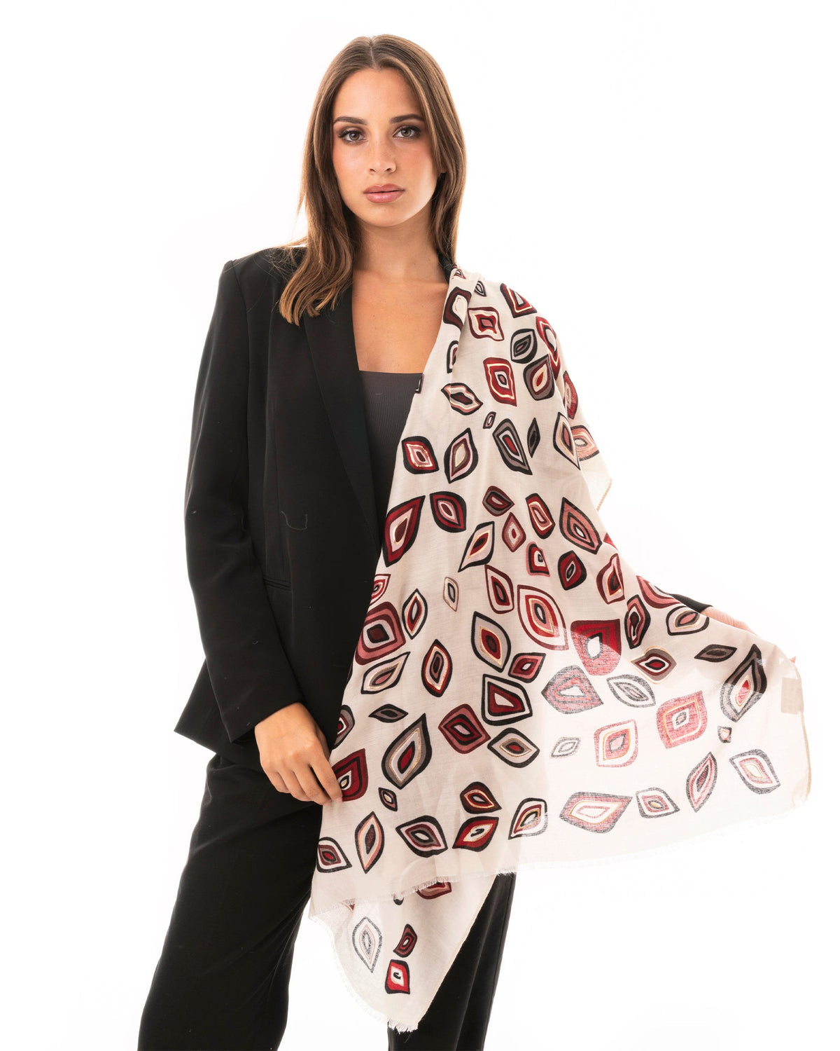 Sciarpa in cotone bianca con stampa geometrica rossa - Mya Accessories