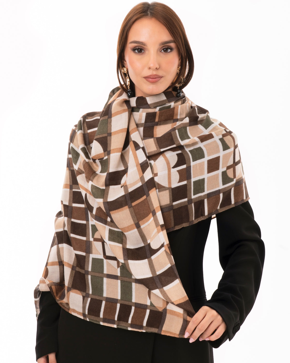 Sciarpa in cotone con stampa a scacchi con cuori multicolore