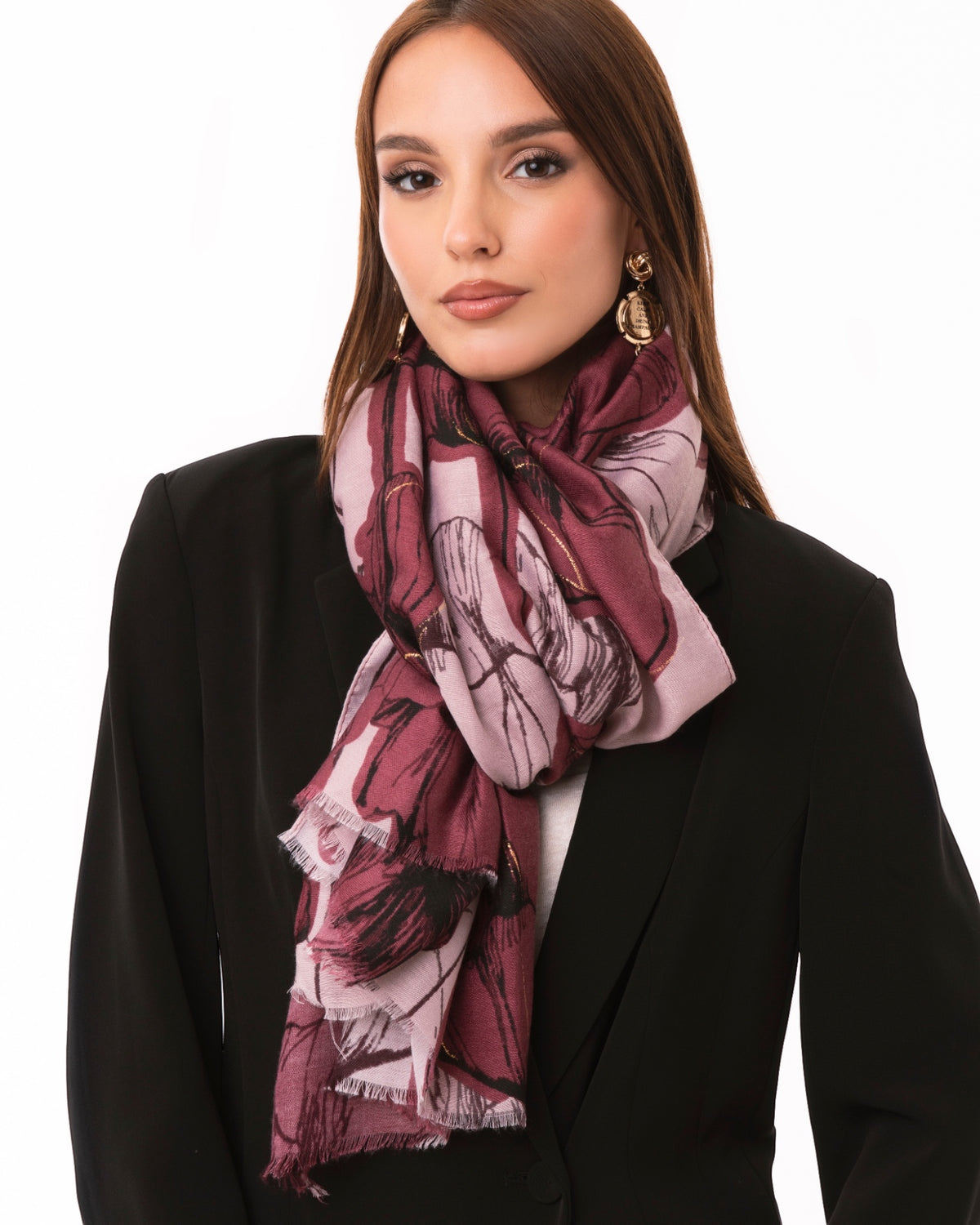 Sciarpa in cotone con stampa a fiori tono magenta