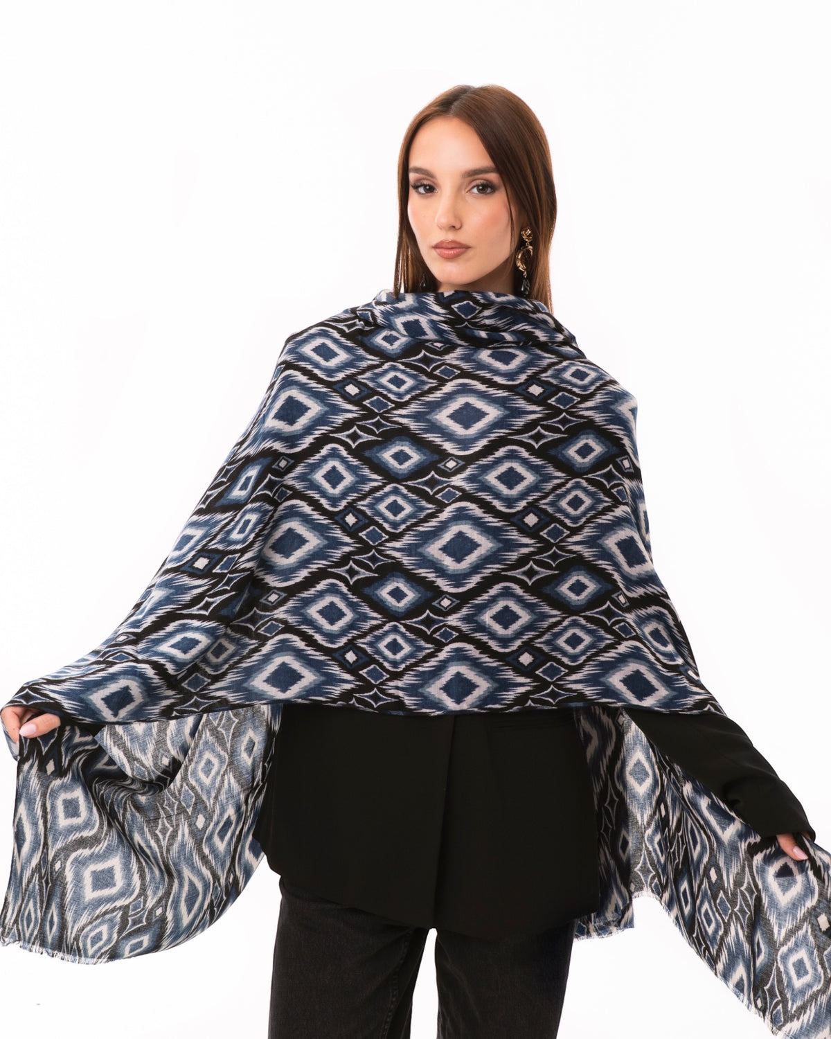 Sciarpa in cotone con stampa geometrica tono blu
