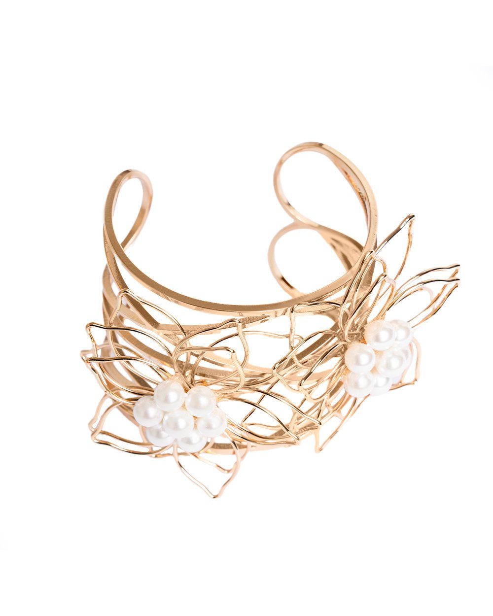 Bracciale rigido da polso in metallo con fiore stilizzato con perle in vetro - Mya Accessories
