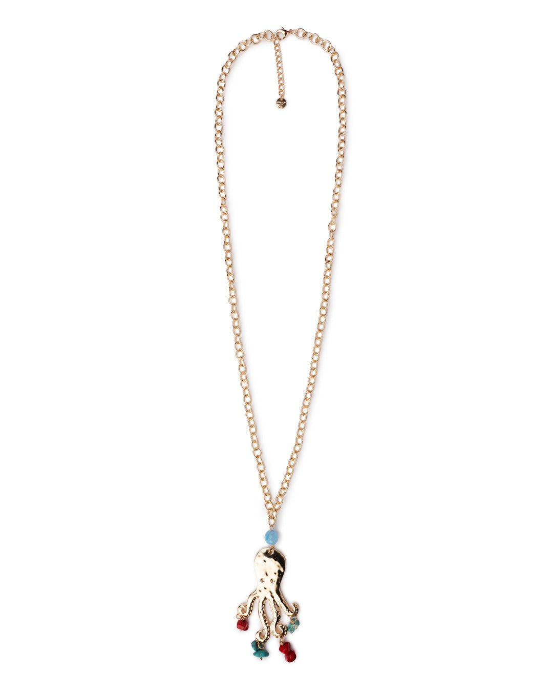 Collana lunga in ottone a catena con pendente a polipo con pietra dura azzurra - Mya Accessories