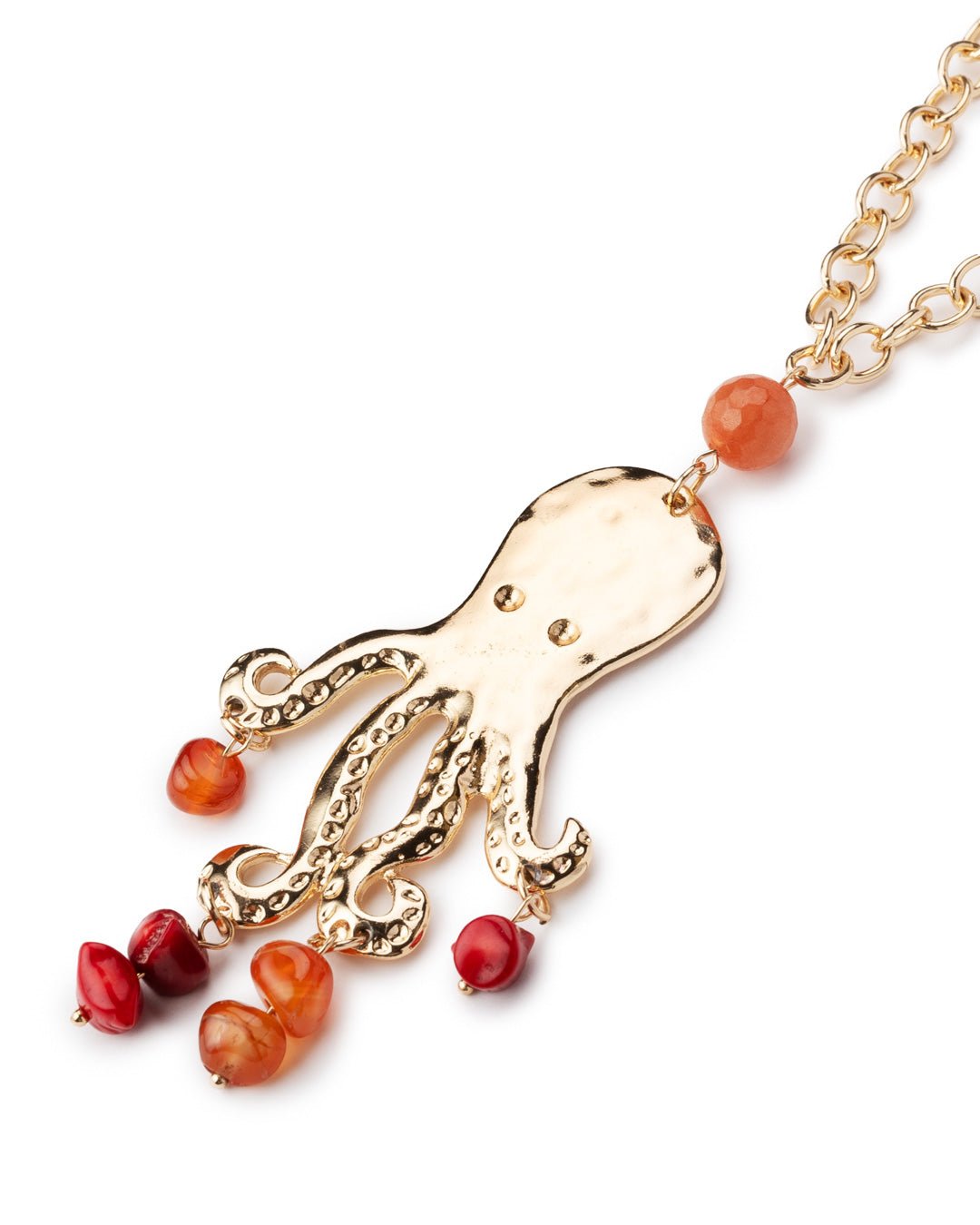 Collana lunga in ottone a catena con pendente a polipo con pietra arancio - Mya Accessories