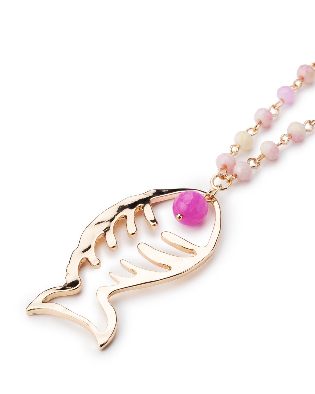 Collana lunga a catena con microcristalli tono rosa pendente a pesce - Mya Accessories