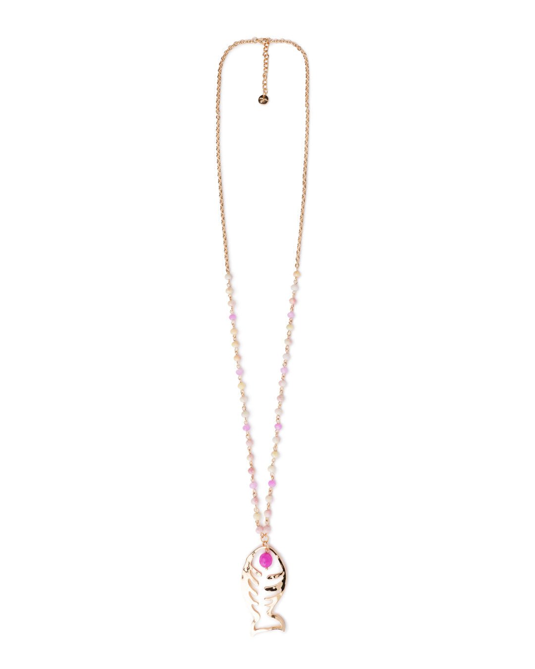 Collana lunga a catena con microcristalli tono rosa pendente a pesce - Mya Accessories