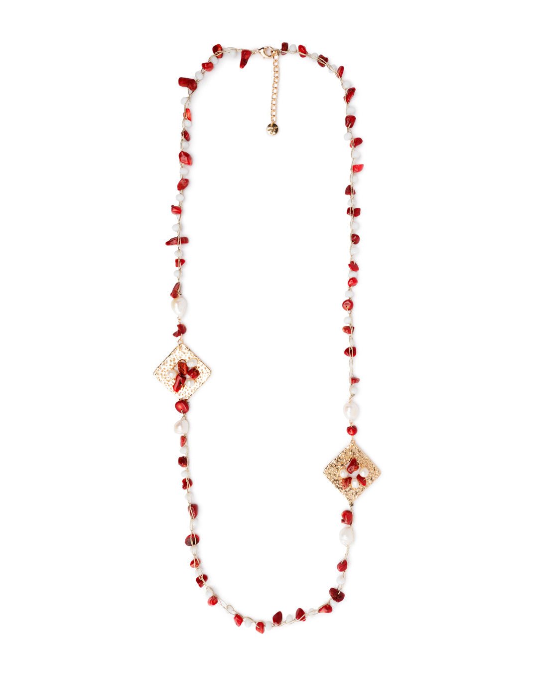 Collana lunga in filo di tessuto con pietre rosse e bianche inserti in metallo romboidali - Mya Accessories