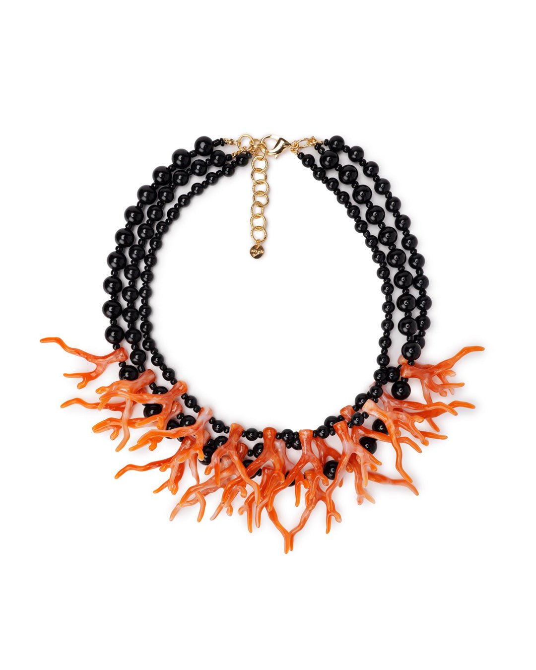 Collana tre fili con sfere nere in acrilico, con rami in resina colore arancio - Mya Accessories