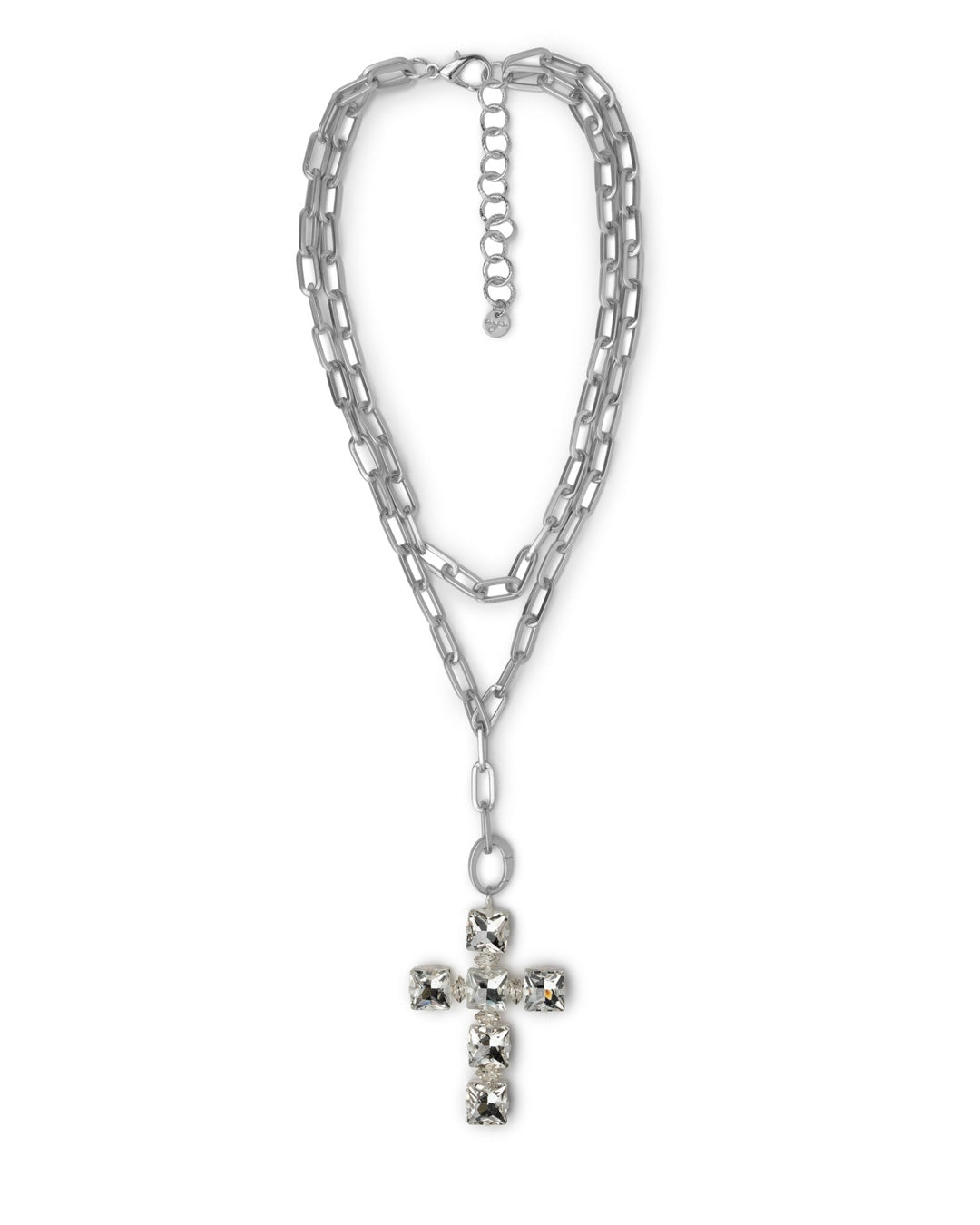Collana doppio filo a catena opaco argentato con pendente a croce in vetro crystal - Mya Accessories