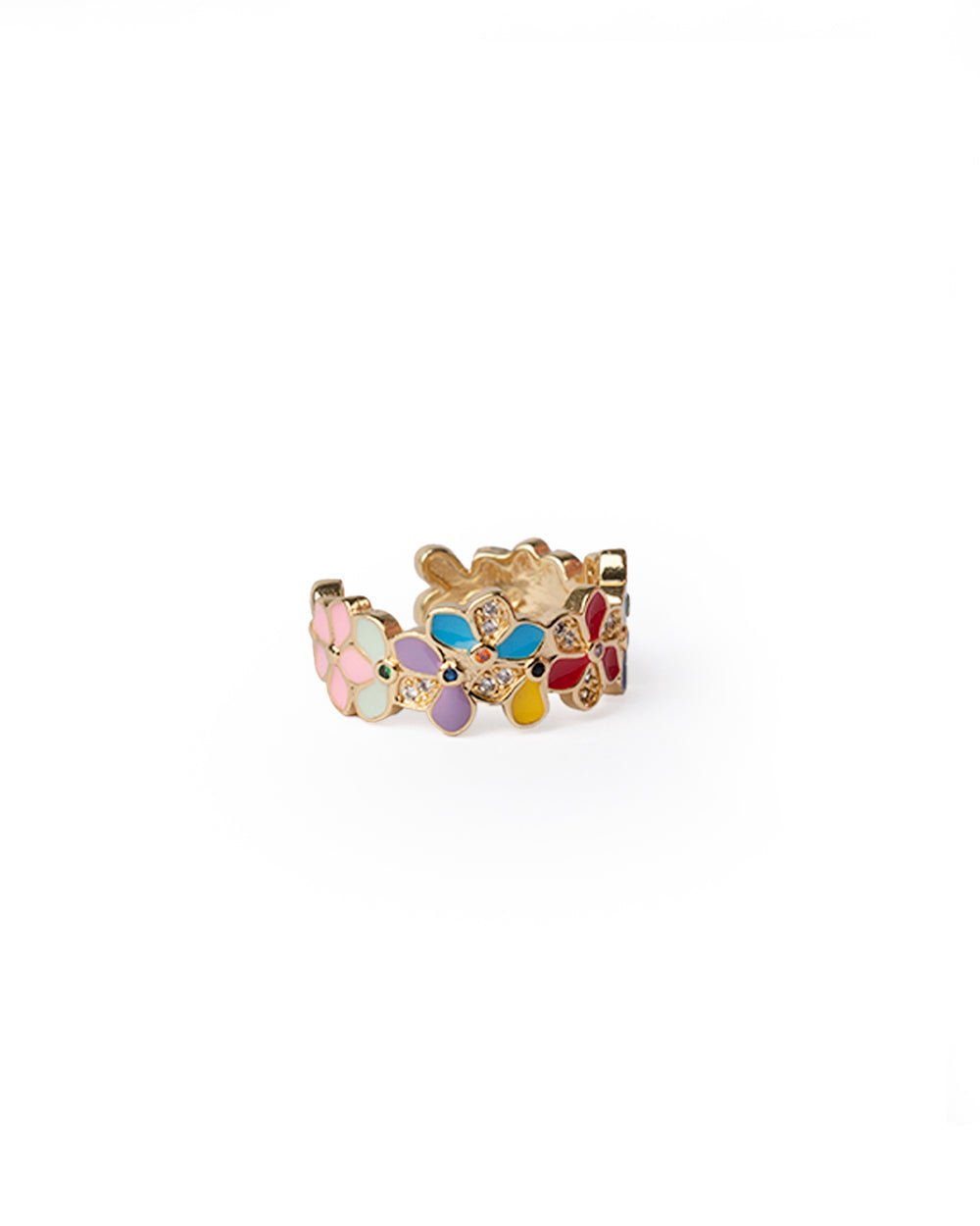 Anello in ottone regolabile con fiori smaltati multicolore con zirconi - Mya Accessories