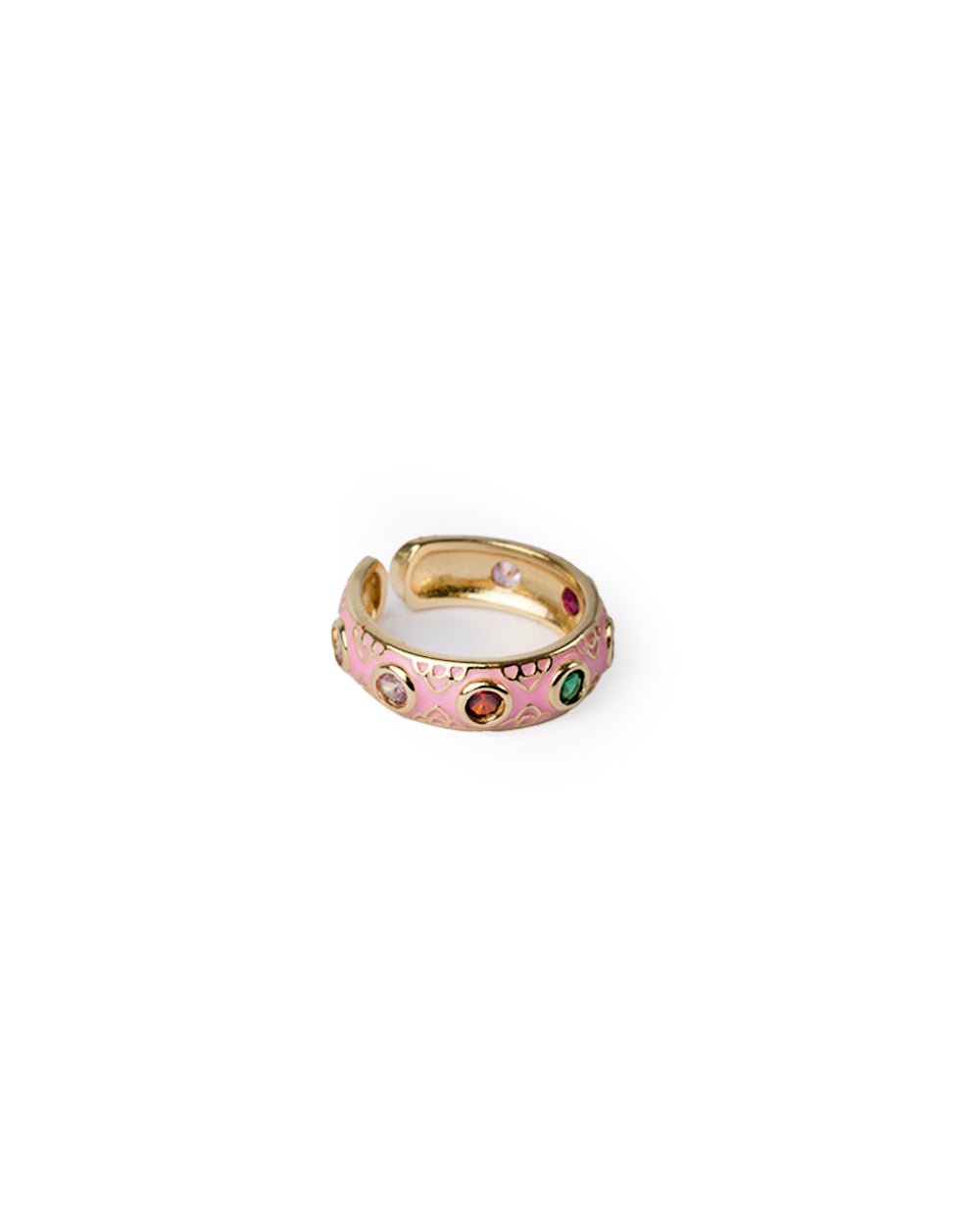 Anello in ottone regolabile smaltato rosa con zirconi multicolore - Mya Accessories