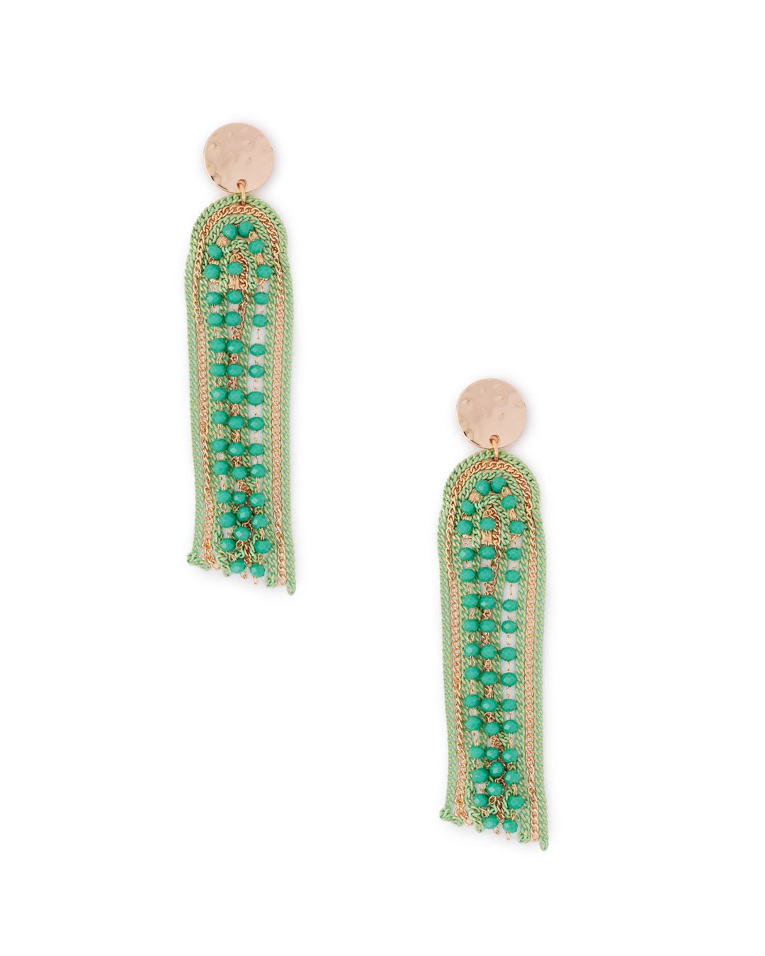 Orecchini in ottone lunghi pendenti con catene microcristalli verde - Mya Accessories