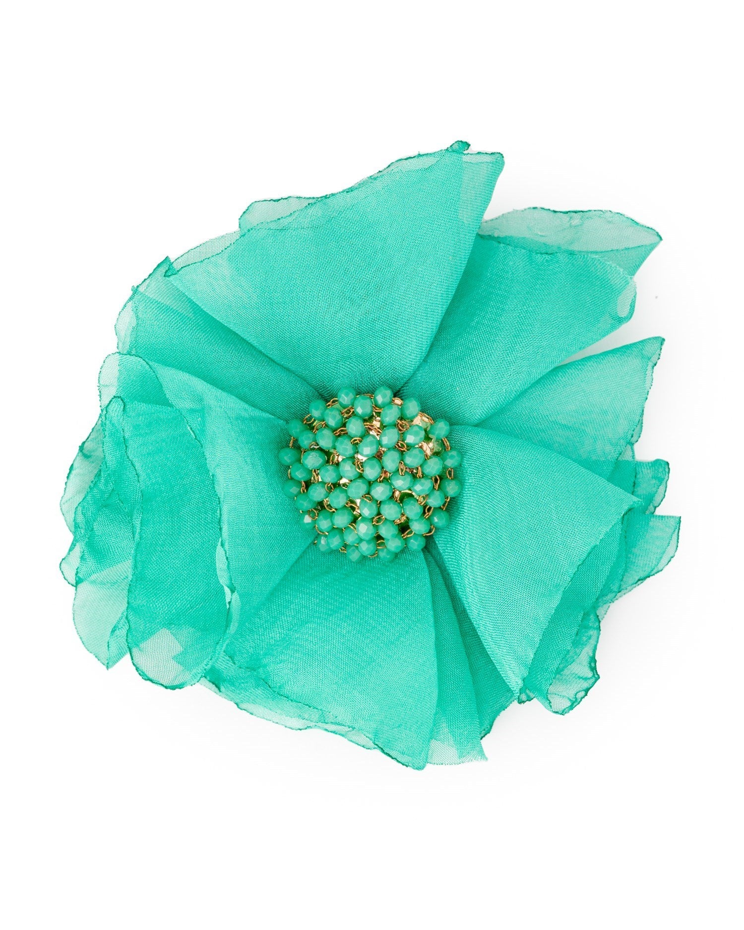 Spilla in tessuto a forma di fiore tono verde acqua con microcristalli - Mya Accessories