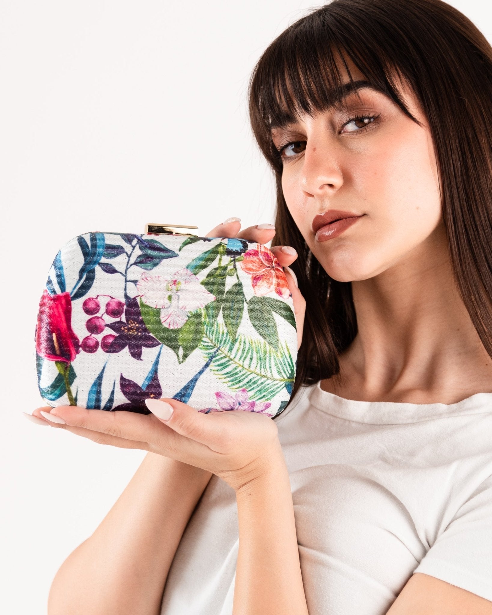 Borsa clutch con stampa floreale su fondo bianco - Mya Accessories