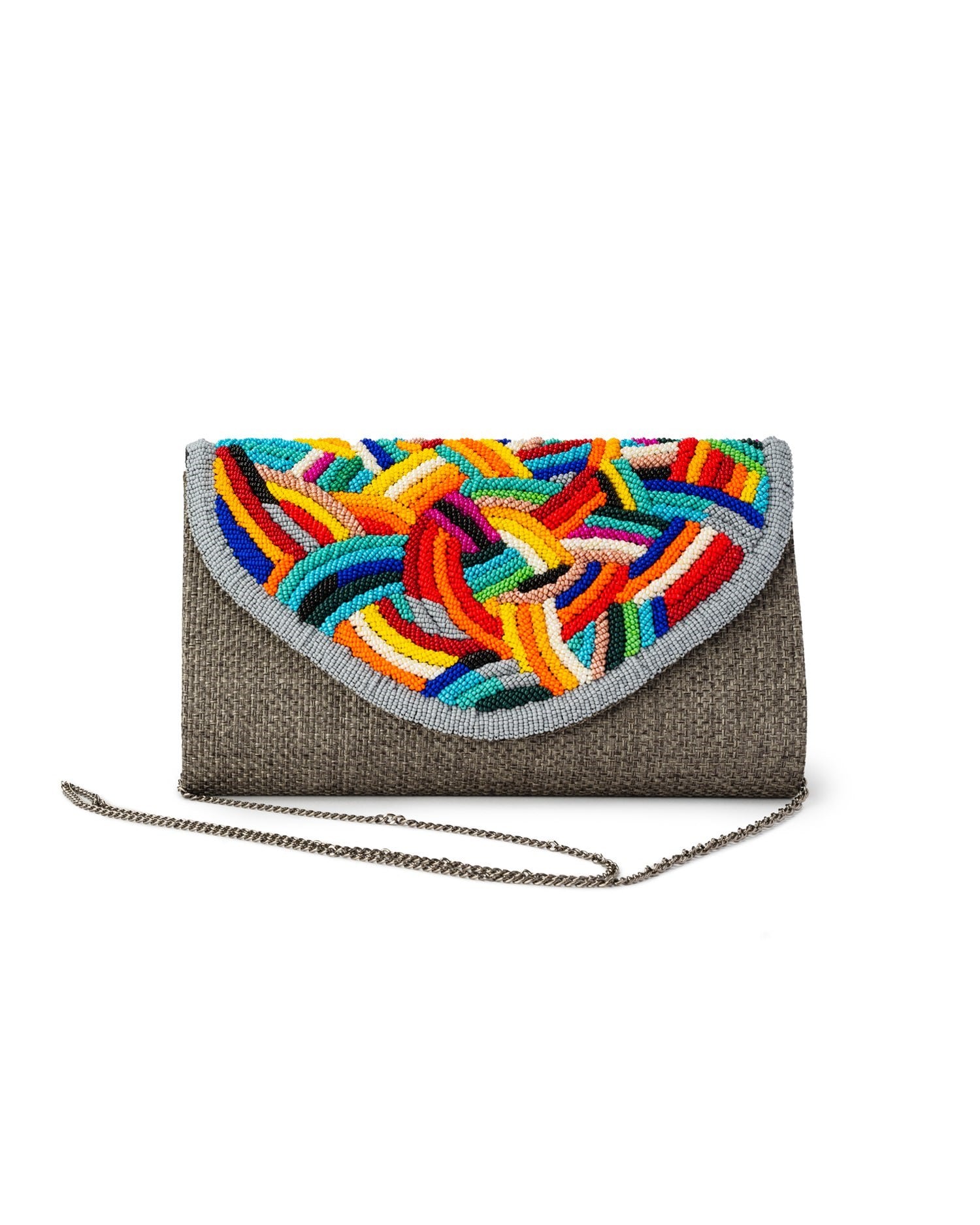 Borsa pochette in iuta grigia con perline in vetro multicolore - Mya Accessories