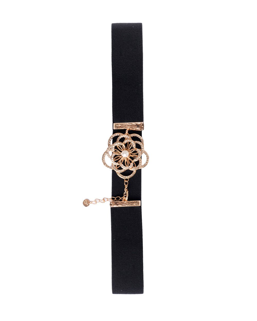 Cintura elastica nera con medaglione a forma di fiore stilizzato in metallo con perle - Mya Accessories
