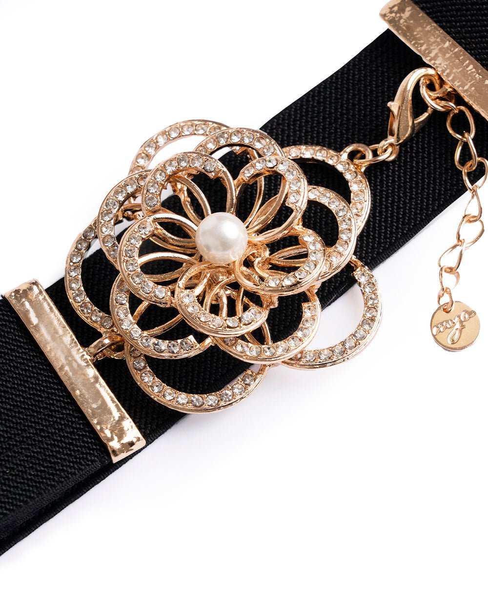 Cintura elastica nera con medaglione a forma di fiore stilizzato in metallo con perle - Mya Accessories