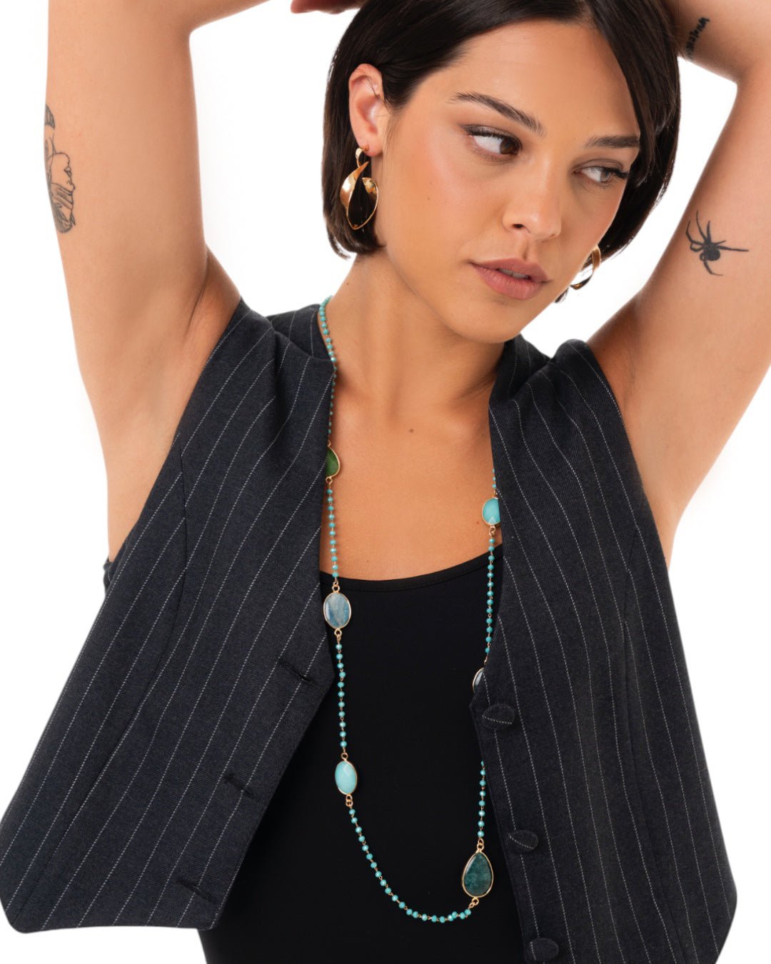 Collana lunga con micro cristalli in vetro e pietre dure a goccia turchesi - Mya Accessories