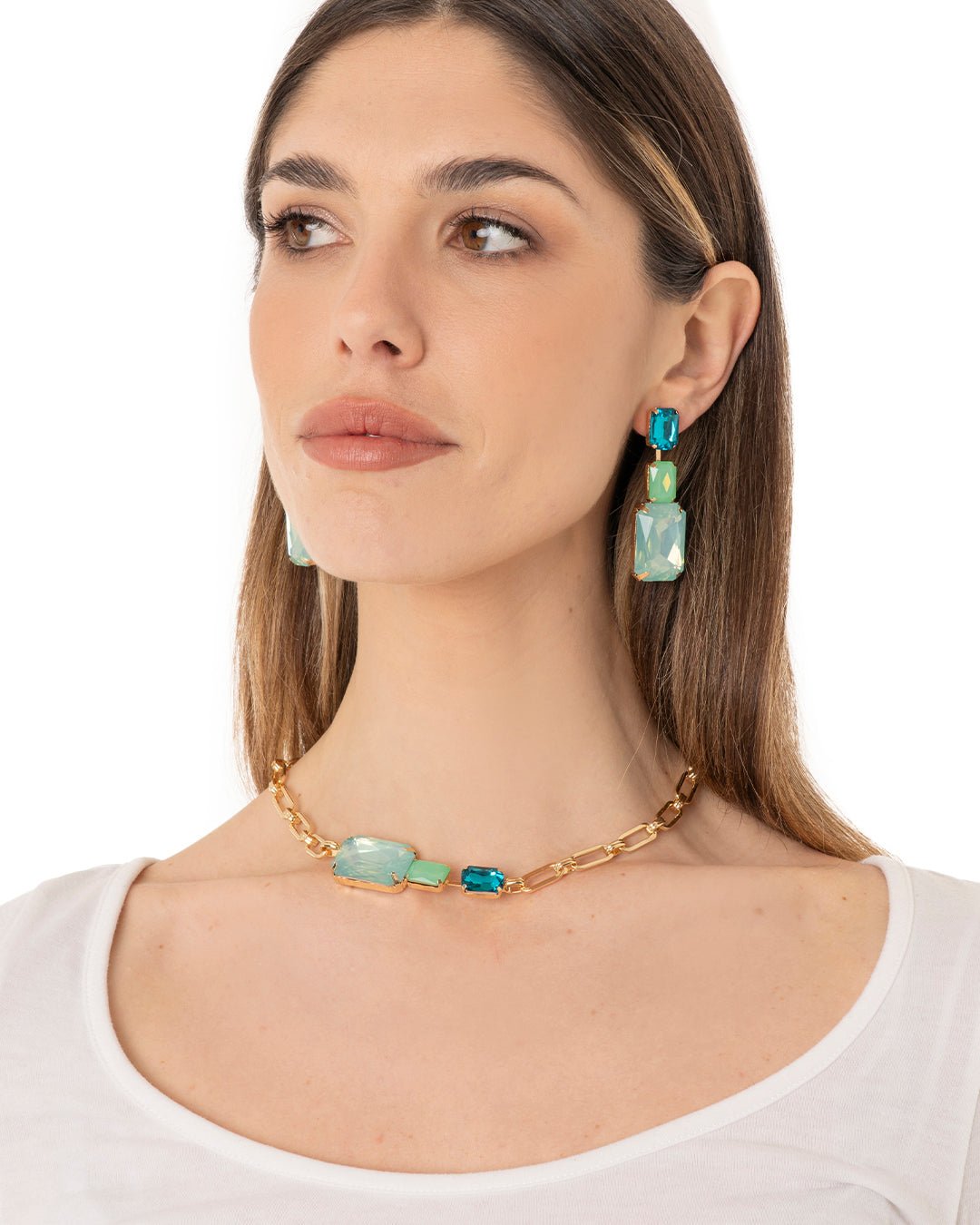 Collana girocollo a catena con inserti in vetro verde acqua - Mya Accessories
