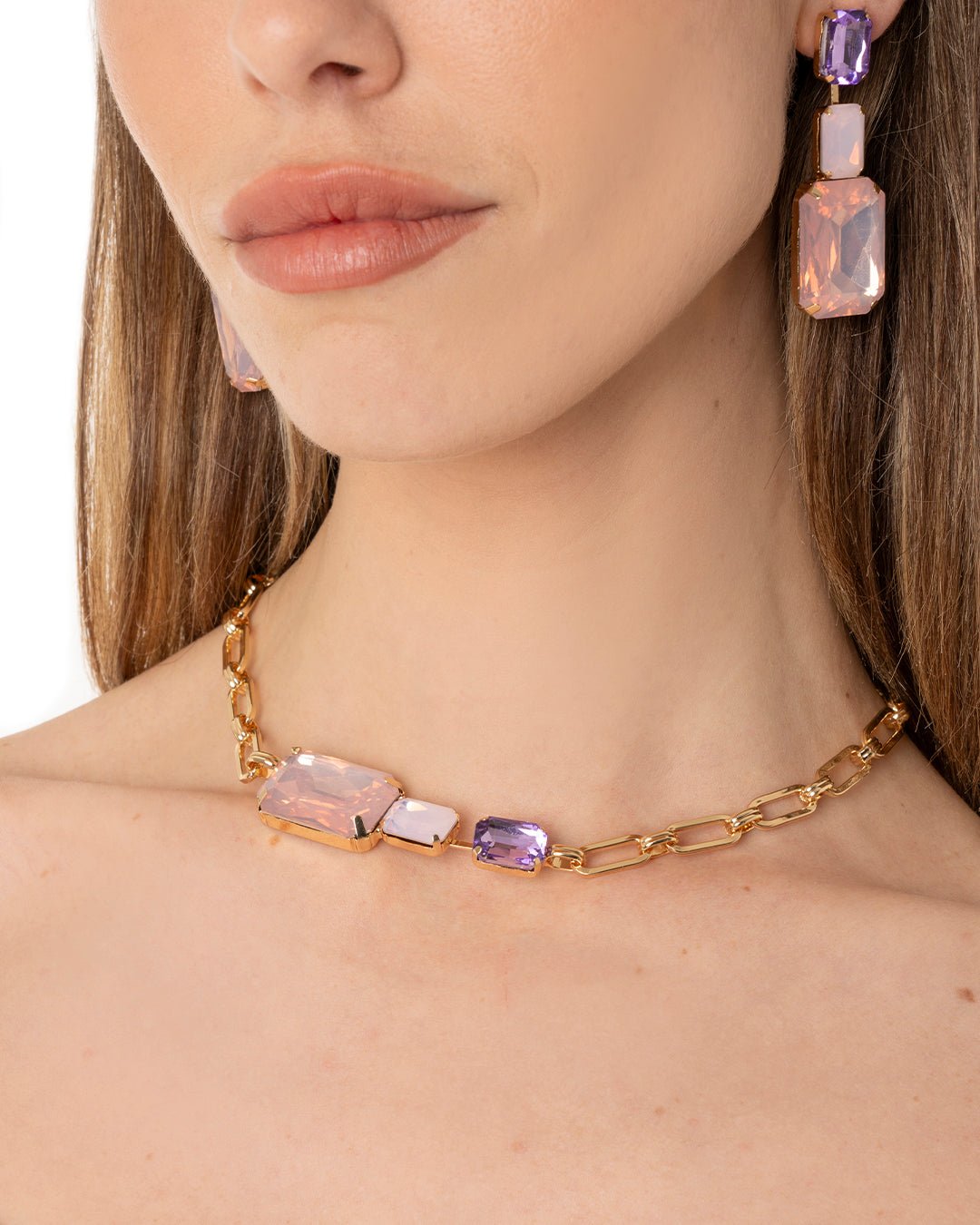 Collana girocollo a catena con inserti in vetro tono rosa - Mya Accessories