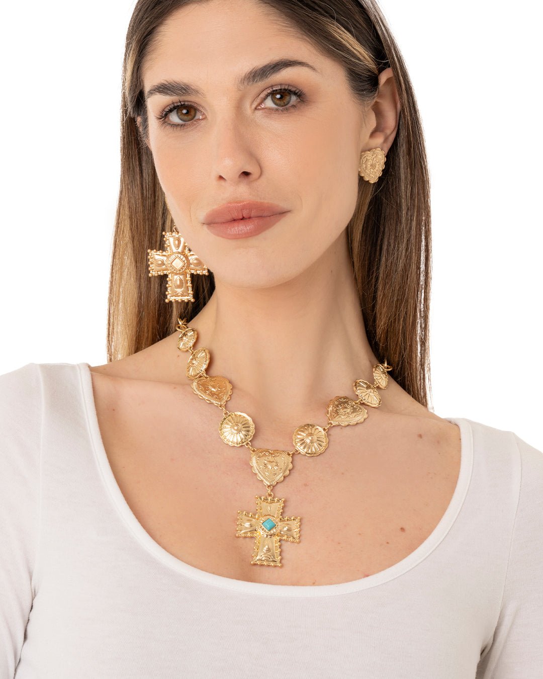 Collana girocollo con inserti in metallo e pendente a croce - Mya Accessories