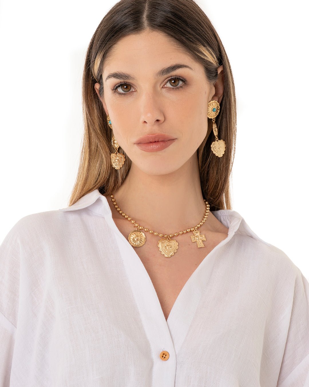 Collana girocollo a sfere in metallo con pendenti cuore e croce - Mya Accessories