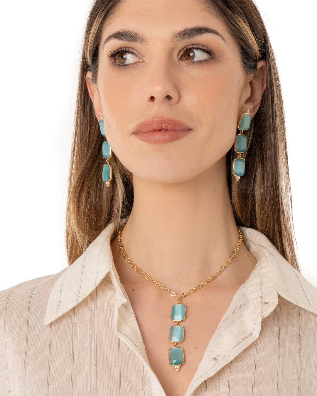 Collana girocollo a catena con pendente a tre pietre in vetro azzurro - Mya Accessories