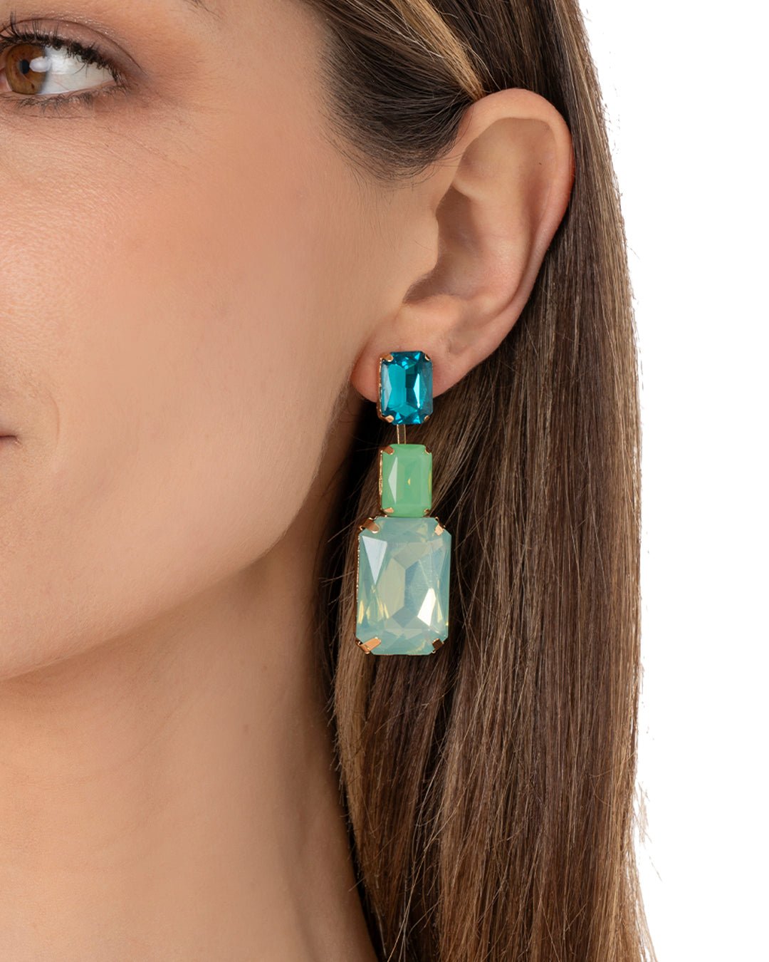 Orecchini pendenti con tre pietre in vetro tono verde - Mya Accessories