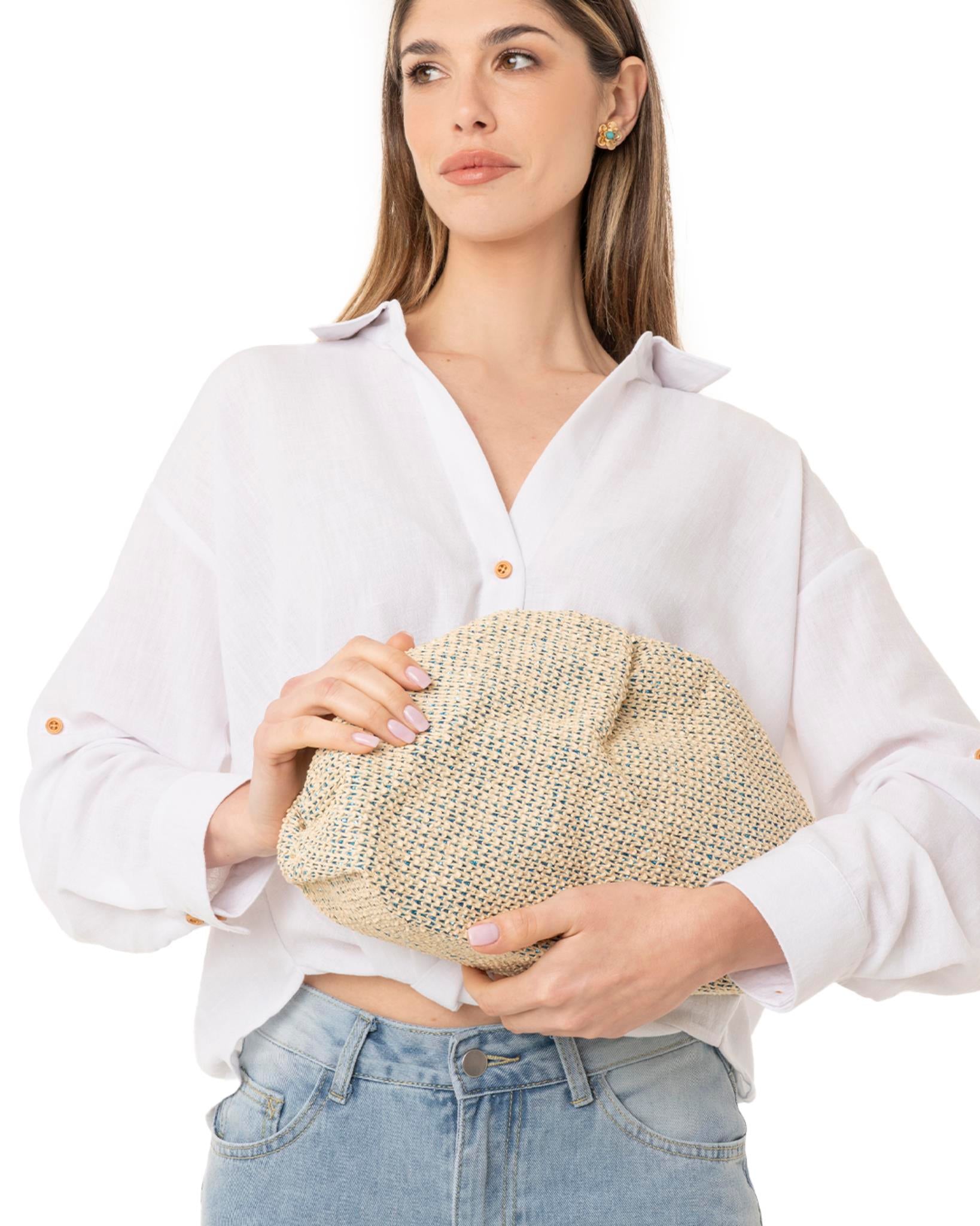 Borsa clutch tessuto in paglia beige con fondo blu - Mya Accessories