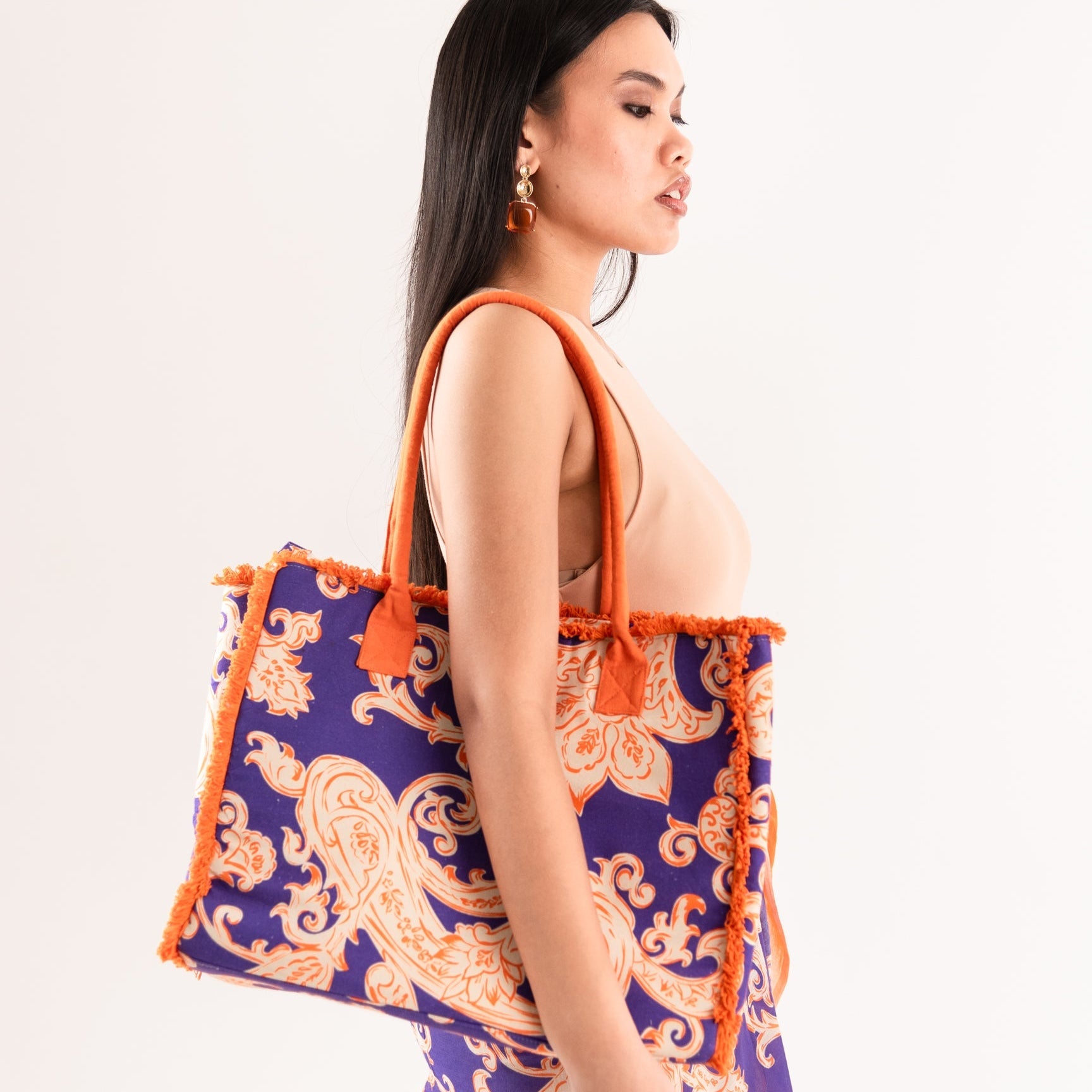 Borsa mare in cotone con stampa viola ed arancio - Mya Accessories
