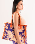 Borsa mare in cotone con stampa viola ed arancio - Mya Accessories
