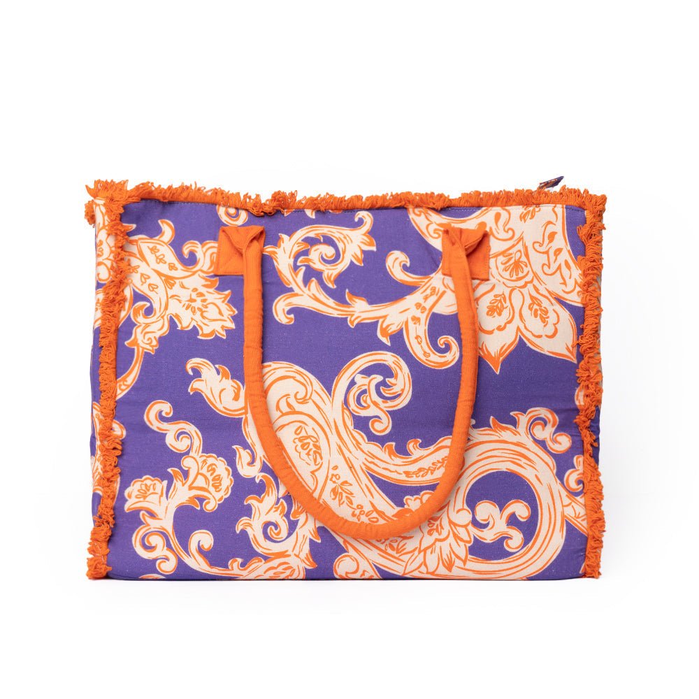 Borsa mare in cotone con stampa viola ed arancio - Mya Accessories