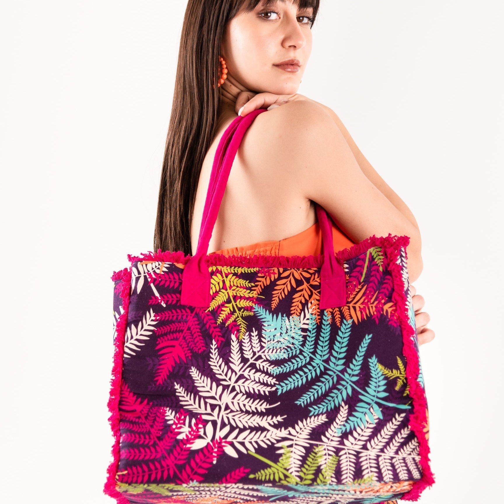 Borsa mare in cotone con stampa a foglie multicolore - Mya Accessories