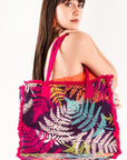 Borsa mare in cotone con stampa a foglie multicolore - Mya Accessories