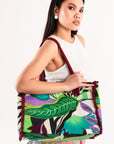 Borsa mare in cotone con stampa a foglie verdi e marrone - Mya Accessories