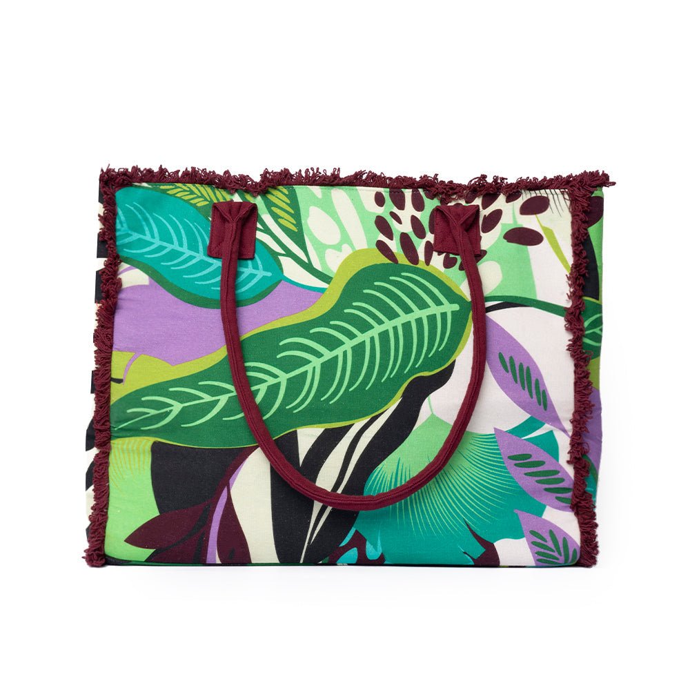 Borsa mare in cotone con stampa a foglie verdi e marrone - Mya Accessories
