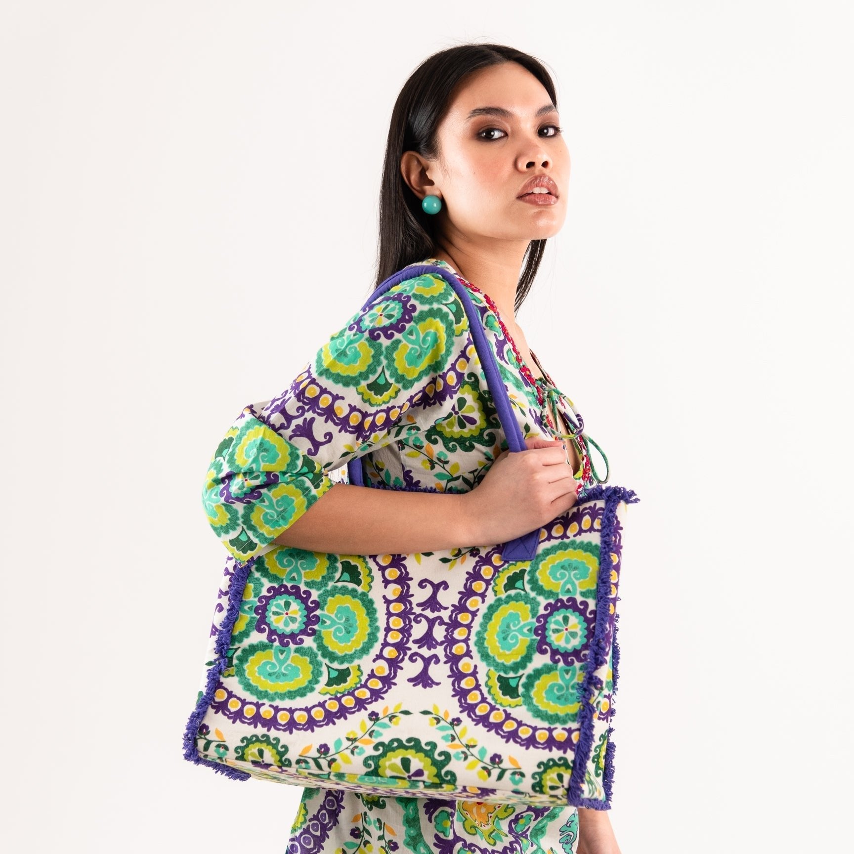 Borsa mare in cotone con stampa a fiori viola e verde - Mya Accessories